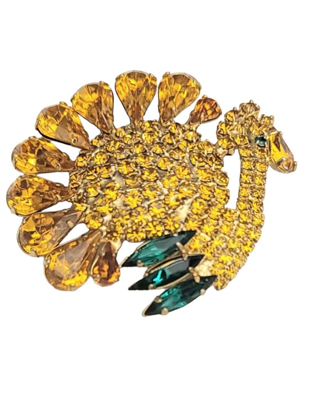 Green Yellow Prong Rhinestone Thanksgiving Turkey Brooch Pin M374